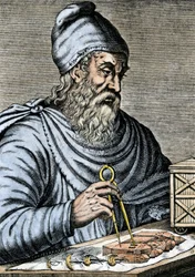 Tudományok: Archimédesz (Kr. e. 287-212), görög matematikus az ókorban, aki csúszó lábat használt az Archimédesz-csavar terveihez, amelyről úgy tűnik, hogy az egyiptomi elvet meséli el, és amelyet vízemelésre használ. Színes metszet a 19. századból