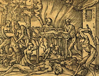 Kannibál Tupinambá törzs Brazíliában, metszet André Thevet (1504-1592) Les singularitez de la France antarctique című művéből, Párizs