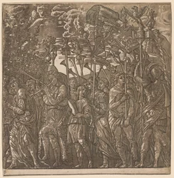 Julius Caesar diadala: zászlókat és zászlókat hordozó katonák, 1593-99.