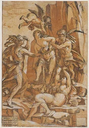 Erény, mint egy fiatal nő négy alak közepén, amelyek a szerelmet, a tévedést, a tudatlanságot..., 1585.