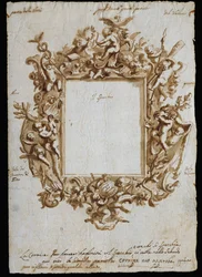 Ortogonális rajz allegorikus kerethez, 1700 körül, Andrea Brustolon (1662-1732), akvarell toll fehér papírra, Olaszország