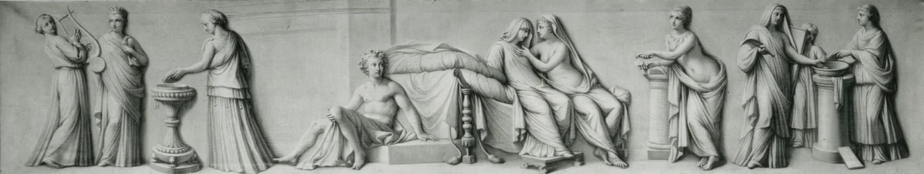 Grisaille-panel, amely az Aldobrandini-házasságon alapuló jeleneteket ábrázol
