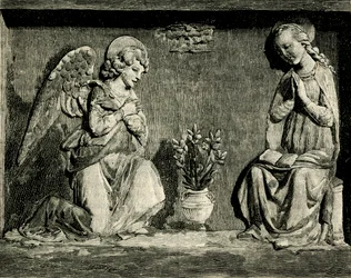 Angyali üdvözlet, Andrea Della Robbia (1435-1525 vagy 1528), a Madonna del Buon Consiglio oratóriuma, Prato, Toszkána, Olaszország, fametszet a Le cento citta d