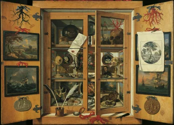 Érdekességek szekrénye (üvegajtós) különféle tárgyakkal, Andrea Dominico Remps (1621-1699).