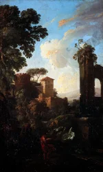 Táj romokkal és festővel, Andrea Locatelli (1695-1741), olaj, vászon, 41x25 cm.