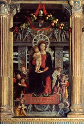 San Zeno oltárképe: központi tábla „Madonna egy gyermek kilenc angyallal” Andrea Mantegna (1431-1506) festménye 1457-1459 Verone, Basilica di San Zeno, Olaszország