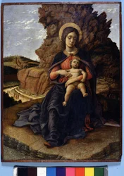 Andrea Mantegna, A „kőbányák szűze”: Szűz és gyermek, a háttérben kőbányák munkásokkal, Uffizi Galéria, Firenze