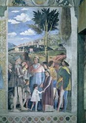 Francesco Gonzaga bíboros érkezése, akit apja, az 1444-78 között uralkodó III. Ludovico Gonzaga őrgróf és fivérei fogadnak, a Camera degli Sposiból vagy Camera Pictából, 1465-74, freskó, 78449 részlete