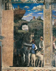 Ludovico Gonzaga gróf lovai, masztiffjai és vőlegényei, részlet a Találkozó falból, Andrea Mantegna (1431-1606), freskó, San Giorgio-kastély, esküvői kamra vagy Camera Picta, Mantova, 1465-1474