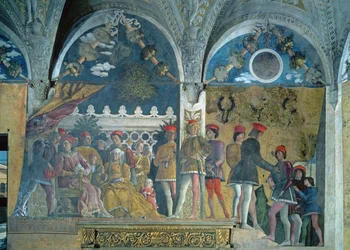 Ludovico Gonzaga III. márki, felesége, Brandenburgi Barbara, gyermekeik, udvaroncaik és kutyájuk, Rubino, a Camera degli Sposi vagy Camera Picta, 1465-74.
