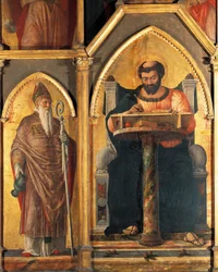 Szent Lukács az íróasztalánál és Szent Proszdokimusz, részlet Andrea Mantegna (1431-1506) Szent Lukács oltárképéből, tempera fán