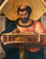 Szent Lukács az íróasztalánál, részlet Andrea Mantegna (1431-1506) Szent Lukács oltárképéből, tempera, fa