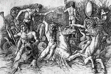 A tengeri istenek csatája, Andrea Mantegna (1431-1506), metszet. Részlet.