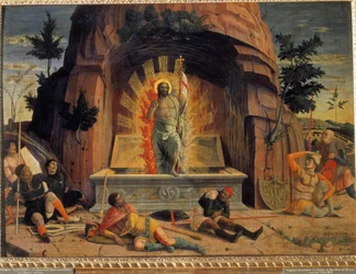 Andrea Mantegna (1431-1506) feltámadása a veronai San Zeno templom oltárképének predelljének töredéke. 1457. Mérete 0,71 x 0,94 m. Szépművészeti Múzeum túrák