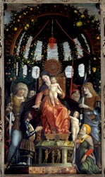 Győzelem Szűz (Madonna of Victory). Szűz Mária képviselteti magát: Szent Mihály, Szent György, Szent Longin és Szent András. A festmény védnöke, Mantua márkija, Francois II de Gonzague (Francis II Gonzaga)