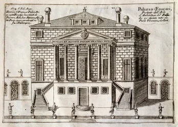 A La Malcontenta néven ismert Villa Foscari főhomlokzata, Mira, Andrea Palladio (1508-1580) tervei szerint, metszet Vincenzo Coronelli (1650-1718) A Brenta-csatorna mentén, majdnem Velence városának egy negyede című művéből, Velence