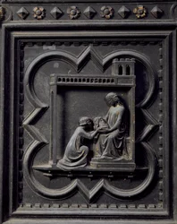 Szalóme viszi Keresztelő Szent János fejét anyjának, Heródiásnak, Heródes feleségének, a San Giovanni Keresztelőkápolna déli ajtajának tizennyolcadik táblája, 1336 (bronz).