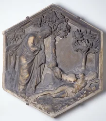 Éva teremtése, hatszögletű dekoratív dombormű a Genesis epizódjait bemutató sorozatból, valószínűleg Giotto (kb. 1266-1337) tervei alapján, 1334-1348 körül (márvány)