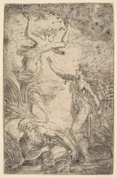 Apolló jobb oldalon íjjal, balról Daphnét üldözi, kb. 1538-40.
