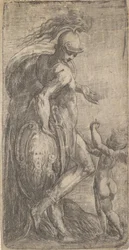 A bal oldalon álló Mars pajzsra támaszkodva, Ámor a jobb oldalon, kb. 1542-46.