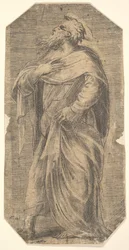 Szent Júdás balra néz, bal karja alatt könyv, a „Krisztus és az apostolok” című könyvből, kb. 1548-50.