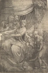 A Szent Család, egy virágot tartó angyal jobbról közeledik, kb. 1550-53.