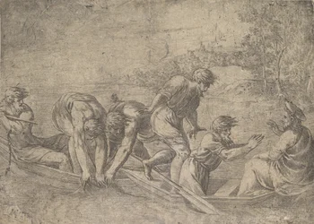 A halak csodálatos huzata, Krisztus a jobb oldalon apostolok kíséretében..., kb.1548-52.