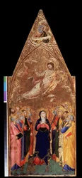 ""Krisztus mennybemenetele"" Alább Szűz Mária és az apostolok, akik Jézus Krisztust figyelik. Fent Jeremiás próféta ábrázolása. Tempera fán, Andrea Vanni (1332-1414) 1355-1360 Méret: 68x28 cm Ermitázs Múzeum, Szentpétervár (Szentpétervár)