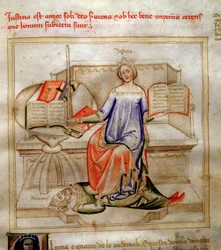 Az igazságosság allegóriái a "" Chansonne des sept Vertus et des sept Arts liberales című művében, amelyet Bruzio Viscontinak szántak" (Az erények és tudományok éneke), Bartolomeo di Bartoli. Andrea di Bartoli akvarellje (aktív 1358 és 1368 között) (ms. 59