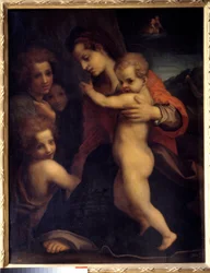 Andrea del Sarto (1486-1531) festménye: Szűz, a gyermek Jézus, Szent János és két angyal 16. századi v. 1,06x0,79 m Madrid, Prado Múzeum