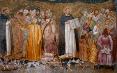 A harcos egyház diadala: Aquinói Tamás az eretnekek előtt és jobbra lent, Fra Dolcino megszaggatta az egyház hivatalos tanát. Spagniards kápolna (a freskó részlete, 1365)