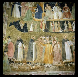 Szent Domonkos elküldi az Úr kopóit, Szent Péter vértanúval és Aquinói Szent Tamással, 1369 körül