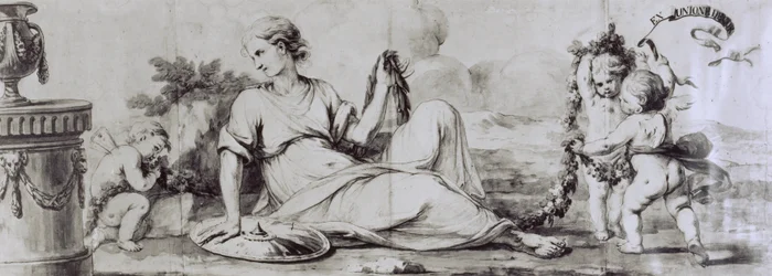 Női figura puttival, allegorikus kompozíció, kb 1754, Andrea Appiani (1754-1817) terve, Giuseppe Maggiolini komód-irodához, Olaszország