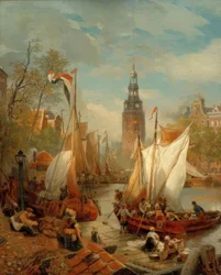 Kikötői jelenet Amszterdamban (holland tengerparti kép)