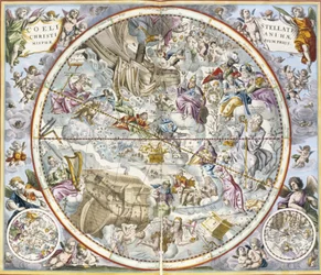 Julius Schiller által ábrázolt keresztény csillagképek térképe, Az égi atlasz, avagy A világegyetem harmóniája, Atlas coelestis seu harmonia macrocosmica című műből, kiadta Joannes Janssonius, Amszterdam