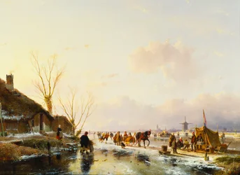Korcsolyázók egy fülkénél a befagyott folyón, 1850