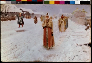 vasárnap (vasárnap). Télen, a Moszkvai Nagyhercegség havas úton, a régi Oroszország zavaros idejében (16-17. század) a bojárok (boiárok, boirok), férfiak és nők népviseletben térnek vissza a templomból. Andre festménye