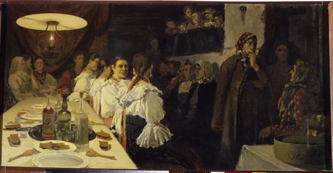 Nászutas pár hazatérésére várva egy Novgorod tartományi templomból. Andrej Petrovics Rjabuskin (Rjabutcskin) (1861-1904) festménye, olaj, vászon