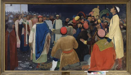Gleb Szvjatoszlavics herceg (meghalt 1079-ben) megöl egy volkhvét (szláv varázslót) egy novgorodi vechében. Andrej Petrovics Rjabuskin (Rjabutcskin) (1861-1904) festménye, olaj, vászon