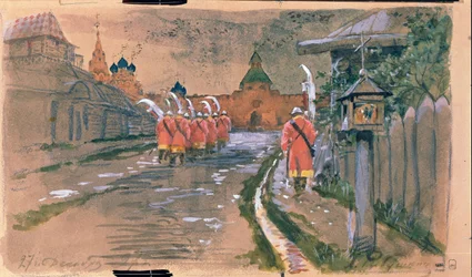 Utcai járőr az Iljinszkij-kapunál a régi Moszkvában. Andrej Petrovics Rjabuskin (Riaboutchkine) (1861-1904) munkája, akvarell papíron