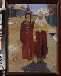 Látogató kirándulás. (Elegáns bojár pár (boiárok, boiárok) hagyományos ruhákban, egy faházakos falu utcáján sétálnak.) Andrej Petrovics Rjabuskin (Riaboutchkine) festménye (1861-1904), olaj, vászon