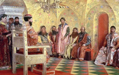 Mihail Fjodorovics cár (1596-1645) a szobájában ülő bojárokkal, 1893