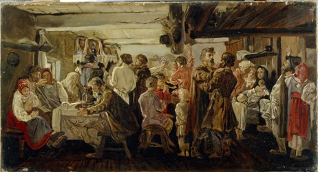 Parasztlakodalom a Tambov régióban (Oroszország). (Parasztlakodalom a Tambov-vidéken). Andrej Petrovics Rjabuskin (Riaboutchkine) (1861-1904) festménye, olaj, vászon, 1880 körül. 19. századi orosz művészet. Állami Tretyakov Galéria, Moszkva.