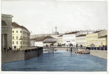 Le Pont Bolsoj Koniushennyi és Szentpétervár. (Bolsoj Koniushennyi híd Szentpéterváron). Andrej Jefimovics Martynov litographie et aquarelle (1768-1826)