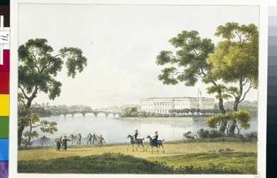 Kilátás a szentpétervári Stone Island-i palotára (vagy Kamenny-szigetre) (a szentpétervári Kamenny-szigeti palotára). Andrej Jefimovics Martynov (1768-1826) litográfiája és akvarellje