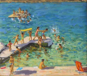 Szórakozás a tengerben, Rovinj, Horvátország, 2019 (olaj, vászon)