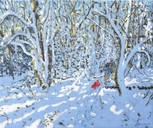 Piros szánkó, Allestree Park, Derby, 2022 (olaj, vászon)