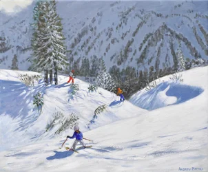 Három síelő, Kitzbühel, Ausztria, 2024 (olaj, vászon)