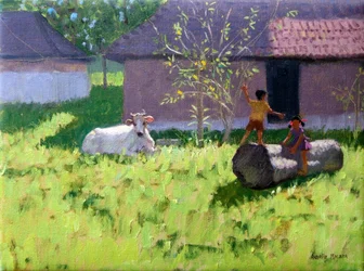 FEHÉR TEHÉN ÉS KÉT GYERMEK,MANKOTTA-SZIGET,KERALA,INDIA