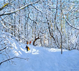 Sárga és narancssárga szánkók, Allestree Park, Derby. 36 x 40, 2018,